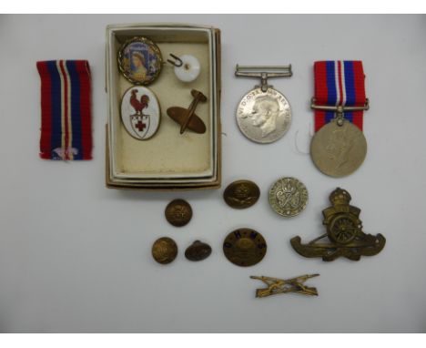 British Army WWII medal group to A F Bendall R A, comprising War Medal and Defence Medal together with military insignia/badg