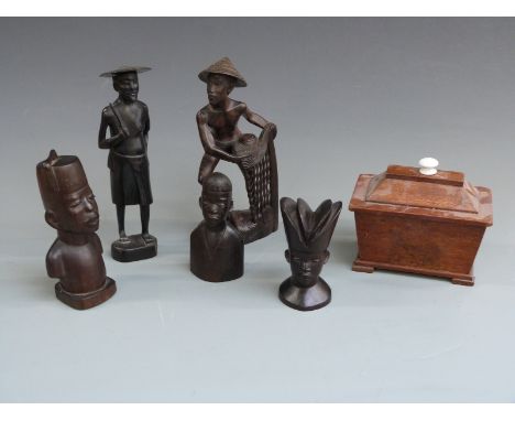 Five carved wooden figures comprising three African busts and two oriental fishermen, together with an Art Deco lidded box
