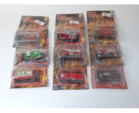 Sixty-five Del Prado Fire Engines of The World diecast model fire vehicles, all in original bubble packed boxes and sealed wi