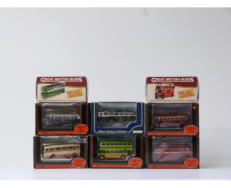 Eight Exclusive First Editions (EFE) and Atlas Editions diecast model buses including Railway Collection and Great British Bu