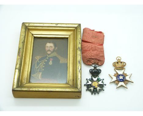 French medal pair comprising Legion d'Honneur and Swedish Order of The North Star together with a framed miniature portrait o