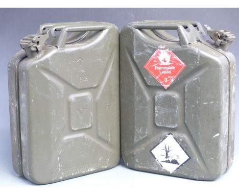 Two modern military jerry petrol cans, each marked with broad arrow and date 2009