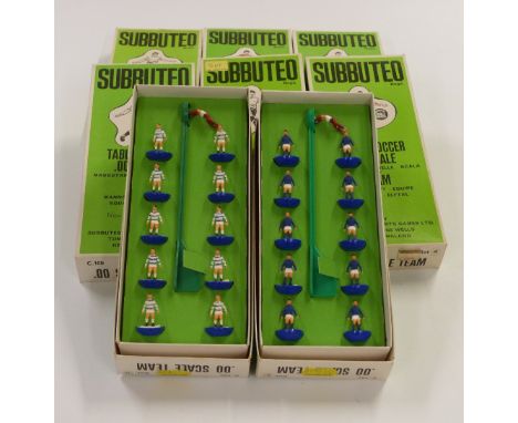 Eight Subbuteo table soccer teams comprising Chelsea 2, Stoke 4, Sheffield Utd 9, Derby 10, QPR11, Arsenal 16, Leeds 21 and N