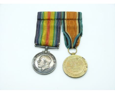 British Army WWI medal pair comprising War Medal and Victory Medal awarded to 52804 Pte. W.G.Davis, Gloucestershire Regt.&nbs