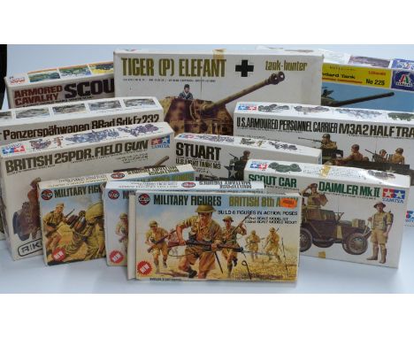 Eight Tamiya, Max and Italaerei&nbsp;1:35 scale  model military vehicle kits including Sherman Tank No 225, Tiger Elefant 211