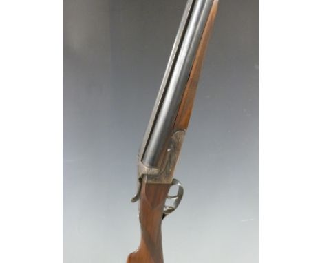 Elbar 12 bore side by side shotgun with engraved lock, chequered grip and forend and 27.75 inch barrels, serial number 21488.
