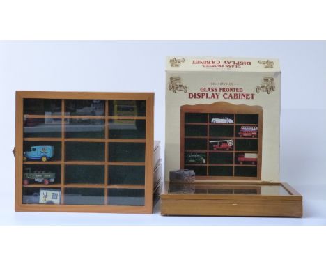 Six wooden and glass diecast model vehicle display cabinets each 29.5 x 33.5cm, one in original box