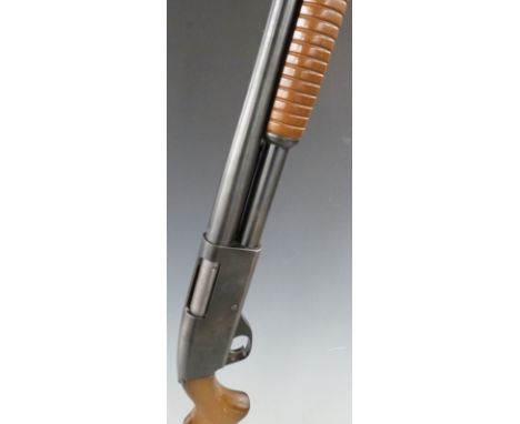 Stevens Model 67 Series E 12 bore five shot pump action shotgun with semi-pistol grip and named 28 inch barrel, overall lengt