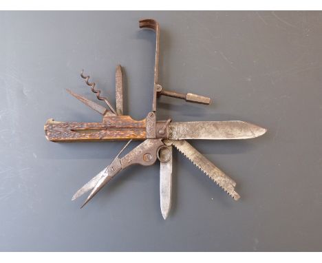 A 19thC steel and deer horn coachman's knife / multi tool with engraved decoration, the tools include stone remover for horse