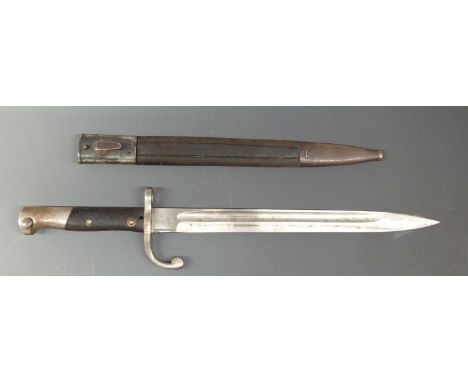 WWI German bayonet Brazilian Mauser model 1908 with leather and metal scabbard stamped 8157 to hilt, blade length 30cm