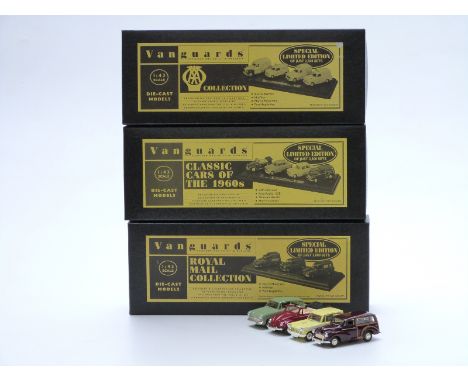 Three Vanguards 1:43 scale special limited edition diecast model vehicle sets Royal Mail Collection RM1003, AA Collection AA1