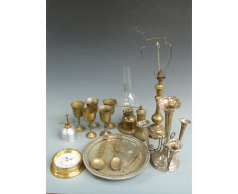 A quantity of metalware to include a silver plated epergne, brass dial barometer, oil lamp, tray etc