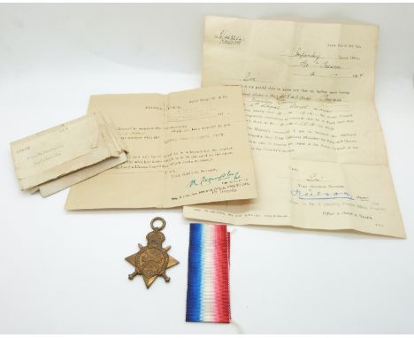 British Army WWI medal 1914/1915 Star named to Pte. W. Tootell Royal North Lancashire Regt with paperwork including letter re