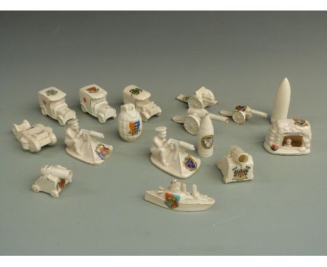 A collection of&nbsp; WWI related crested ware, examples by Arcadian and Carlton, including Tommy and his machine gun, tank, 