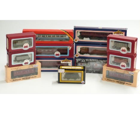Thirteen Bachmann, Hornby and Dapol 00 gauge coaches, wagons and vans, all in original boxes