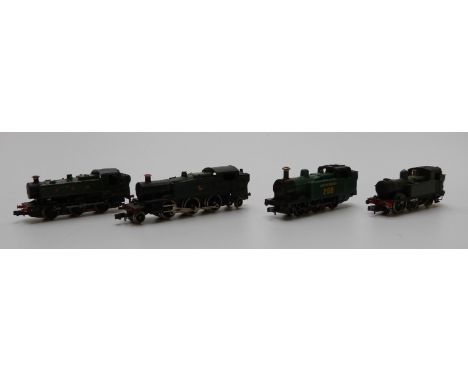 Four Graham Farish and Dapol N gauge tank locomotives GWR 0-6-0 1425 and 9409, SR 0-6-0 268 and BR 2-6-2 6115
