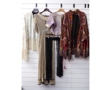 A possibly Edwardian spotted dress and shawl blouse, vintage fur trimmed embroidered jacket etc