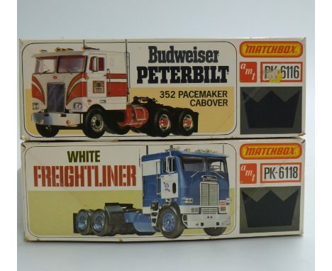 Two Matchbox AMT 1:25 scale model lorry kits Budweiser Peterbilt&nbsp;Pacemaker Cabover 352 PK-6116 and White Freightliner PK