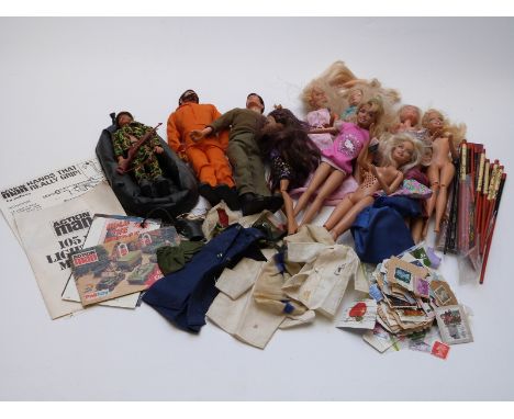 Ten Action Man, Barbie and similar dolls and action figures together with various accessories and outfits.&nbsp;
