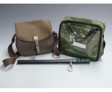 A collection of shooting related items comprising a cartridge bag, 20 bore shotgun cartridge belt, a pair of MSA Supreme ear 