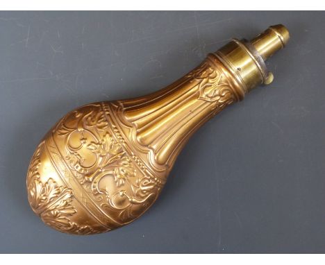 G &amp; J W Hawksley copper and brass powder flask with embossed Aesthetic style acanthus leaf decoration, 20.5cm long