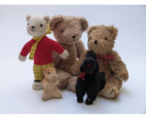 Six various teddy bears including a Steiff style hamster with blonde mohair and straw filled body, a similar black dog, Ruper