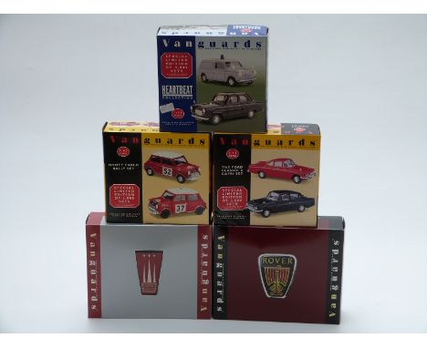 Five Vanguards 1:43 scale diecast model car sets Rover RC1003, Rootes Group HI1003, Monte Carlo Rally M1002, Heartbeat HB2002