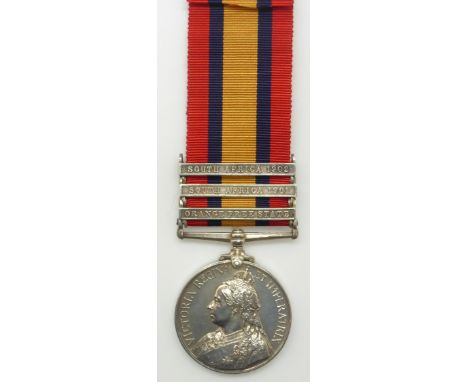 Victorian British Army Queen's South Africa Medal with three clasps South Africa 1902, South Africa &amp; Orange Free State, 