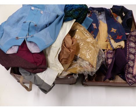 Suitcase of 1960's/70's vintage clothing including Sears suede and wool dress, waistcoats including Phool and Ruby Globes, Be