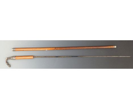 A 19thC swordstick with horse hoof finial. Damascene triangular concave blade with J E Moll mark. 90cm.
