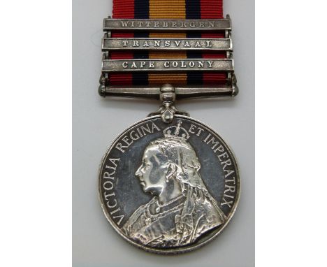 Victorian British Army Queen's South Africa Medal with other clasps, Wittebergen, Transvaal &amp; Cape Colony named to 3448 S