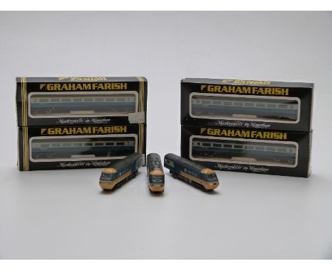 Two Graham Farish N gauge BR Inter-City 125 trains, one with two locomotives and two coaches the other with one locomotive an