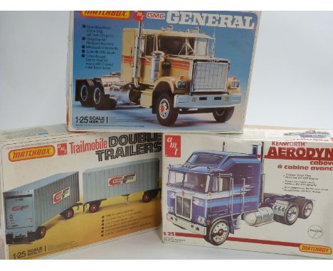 Three Matchbox AMT 1:25 scale model lorry kits Peterbilt&nbsp; GMC General MK 9502 PD PK-6124, Aerodyne Cabover PK-6128 and T