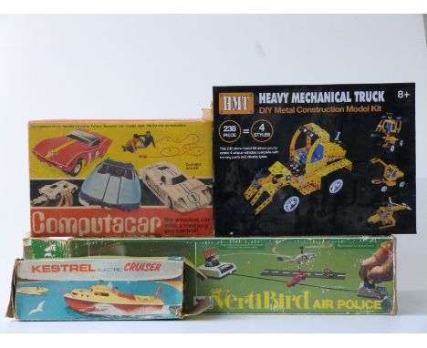 Four vintage games and models comprising Sutcliffe Model Kestrel Electric All Metal Cruiser, Meltoy Computa Car, Meccano styl