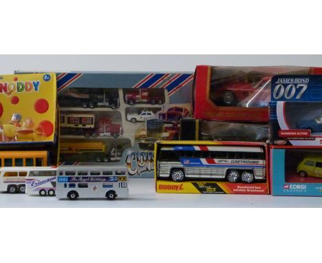 Twelve Corgi, Matchbox, Burago and similar diecast model vehicles including Mr Bean 04419, James Bond Dr No TY02501, Noddy et