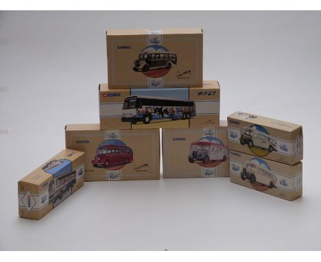 Seven Corgi Classics, Commercials and Public Transport diecast model buses and coaches comprising P.C.S.T SeaWorld 98652, Pac