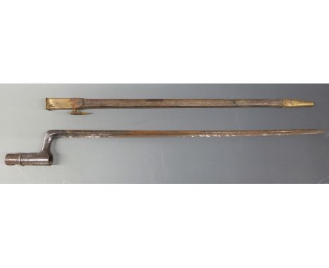 British Army Martini Heny style bayonet with leather scabbard, blade length 51cm