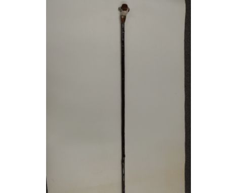 Mike Wood carved and painted wooden walking stick in the form of a spaniel, 150cm long.&nbsp;