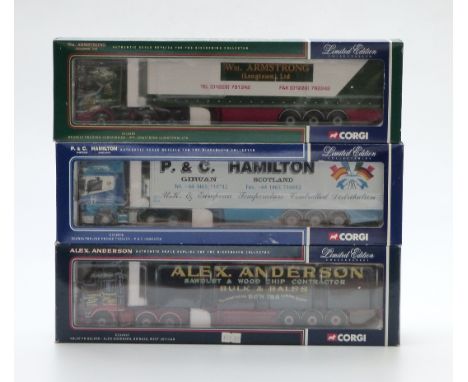 Three Corgi 1:50 scale limited edition diecast model lorries WM Armstrong (Longtown) Ltd Renault Premium Curtainside CC12102,