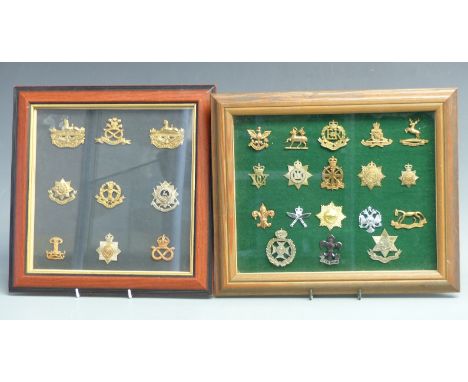 A collection of British Army cap badges mounted and framed to include 11th Hussars, 26th Hussars, 5th Dragoon Guards, Glouces