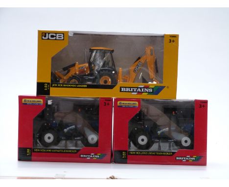 Three Britains 1:32 scale diecast model agricultural vehicles comprising JCB 3CX Backhoe Loader 42702 and two New Holland LM7