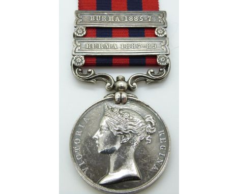Victorian British Army Indian General Service Medals with two clasps, Burma 1885-7 and Burma 1887-89 named to 1019 Pte P Lenn