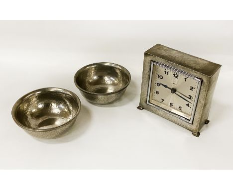 LIBERTY ENGLISH PEWTER 8 DAY CARRIAGE CLOCK WITH TWO PEWTER LIBERTY BOWLS