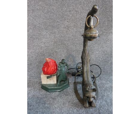 A vintage lamp in the form of a brick maker with red glass flame shade and marble base and modern brass cat lamp, shade hangs