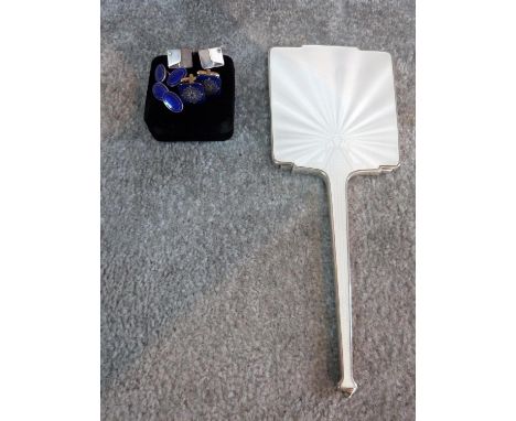 An enamel and silver Art Deco mirror and three pairs of cufflinks. Two pairs of cufflinks stamped silver and 925, one with bl