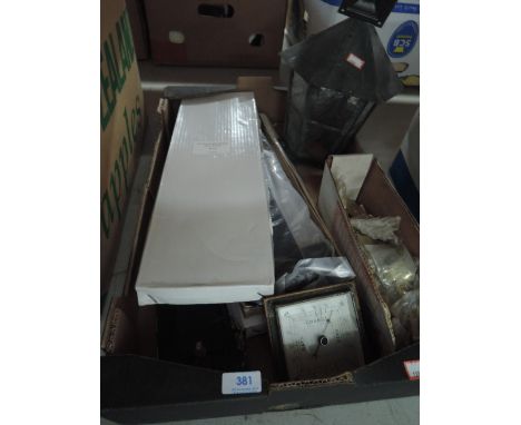 A box containing various door and window furniture, a metal lamp shade and a barometer