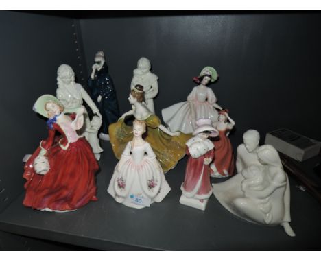 Six Royal Doulton figurines, Masque HN2554, Autumn Breezes HN1934, Sophie HN2833, Sunday Best HN2698, Lynne HN2329 and unname