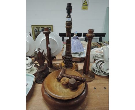 A selection of wooden treen including bird figure and candle stick etc