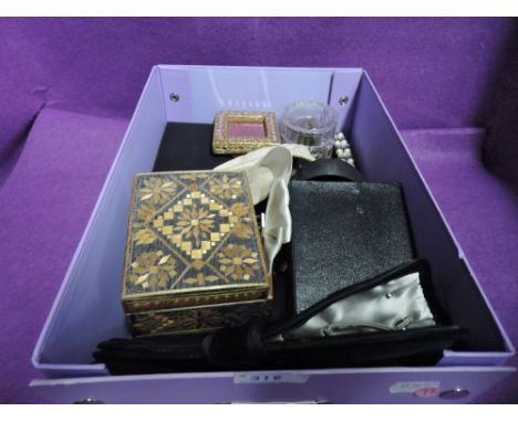A selection of small jewellery and trinket boxes etc including glass, wooden, material and pewter style, and hair clips, phot
