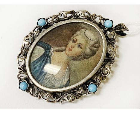 FRENCH MINIATURE PORTRAIT SILVER PENDANT BROOCH